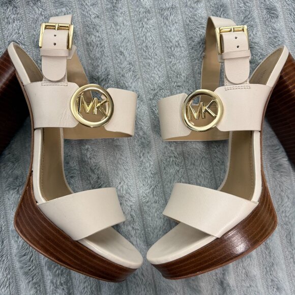 Michael Kors Shoes Womens 9 Ivory Leather Retro Platform Sandal Adjustable SG21L - Picture 8 of 10